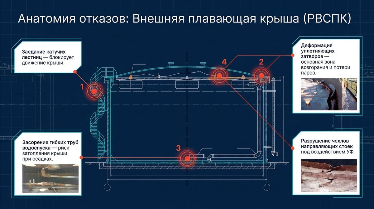 Рис. 1. Четыре типовые точки отказа внешней плавающей крыши: катучая лестница, уплотняющие затворы, гибкие трубы водоспуска, чехлы направляющих стоек