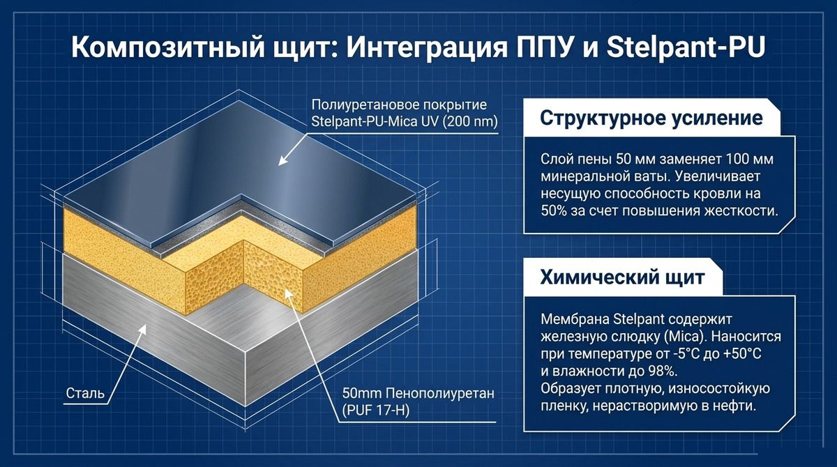 Рис. 6. Композитный щит кровли: сталь, слой пенополиуретана 50 мм, полиуретановая мембрана с железной слюдой