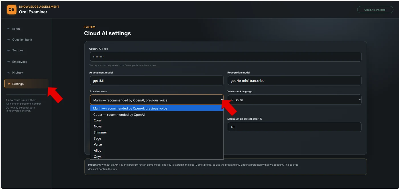 Screenshot 8.2. Einstellungen der Cloud-KI: Auswahl der Prüferstimme