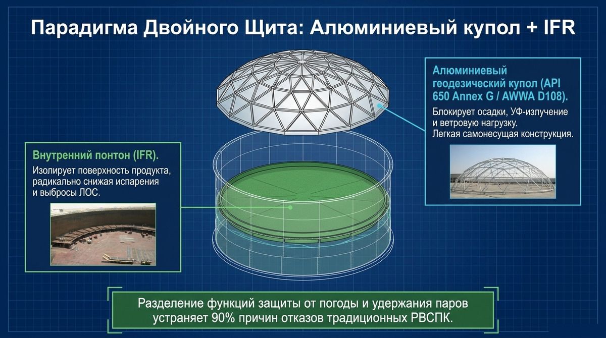 Рис. 2. Алюминиевый геодезический купол принимает на себя осадки, ультрафиолет и ветер. Внутренний понтон изолирует поверхность продукта