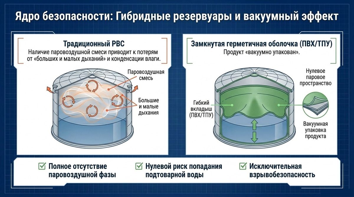 Рис. 4. Слева: паровоздушная смесь над продуктом, потери от «дыханий» и конденсация влаги. Справа: гибкий вкладыш прилегает к продукту, парового пространства нет
