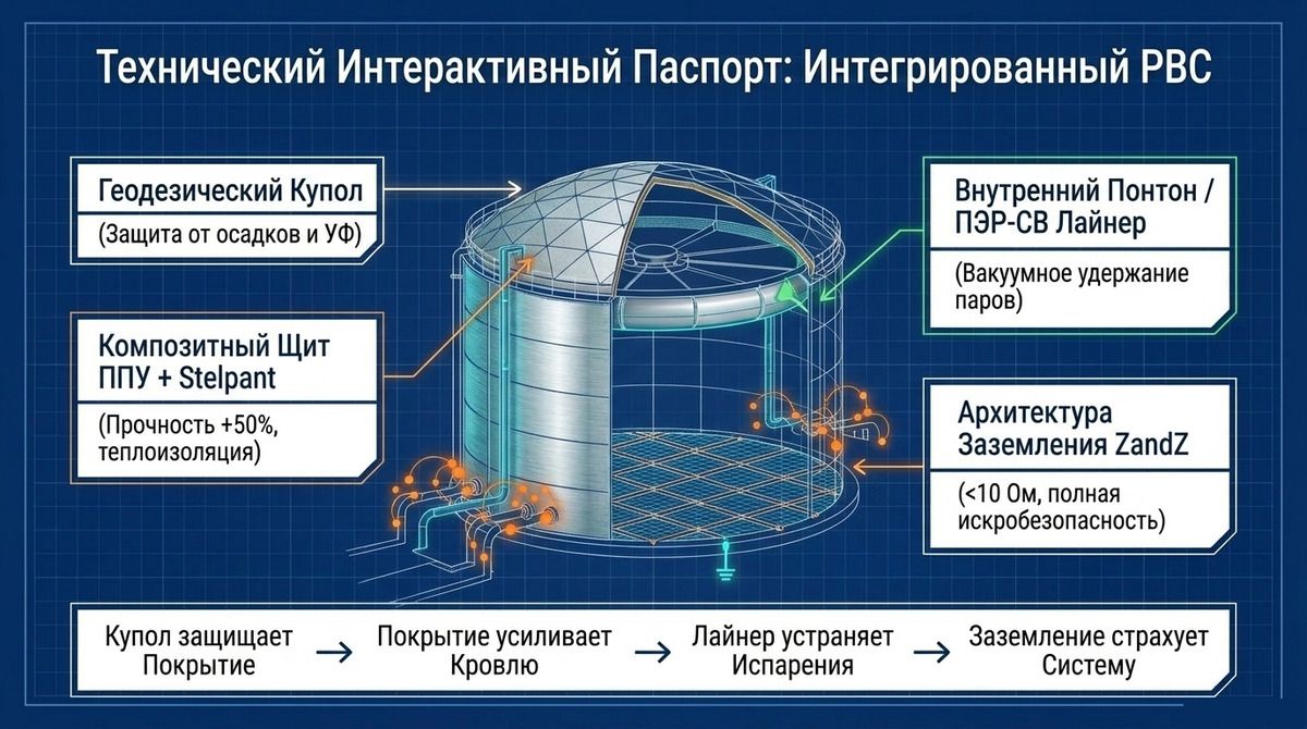 Рис. 8. Интегрированный резервуар: купол, композитная кровля, внутренний понтон или вкладыш, двухуровневое заземление