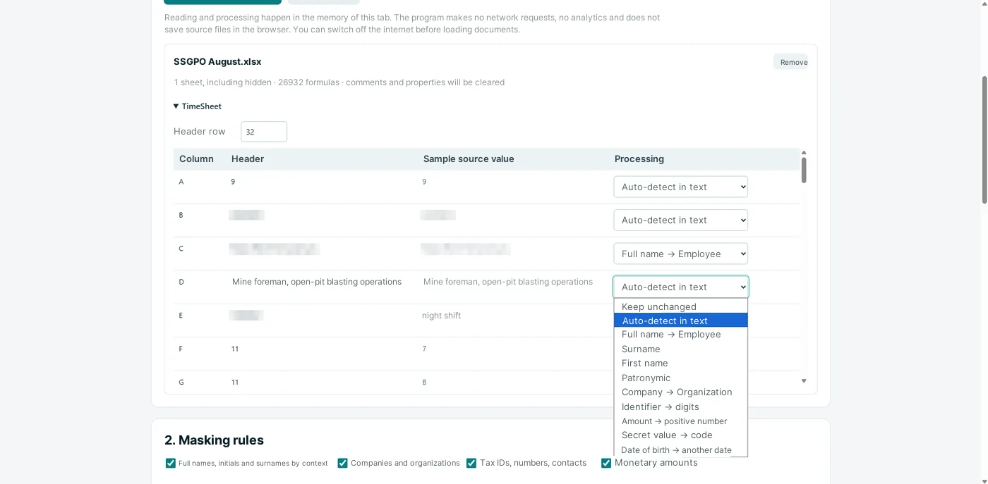 Fig. 2.1. Masking Excel: loading the file offline