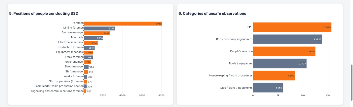 Fig. 3.4. The dashboard on the anonymized template: positions of the people conducting BSDs and categories of unsafe observations