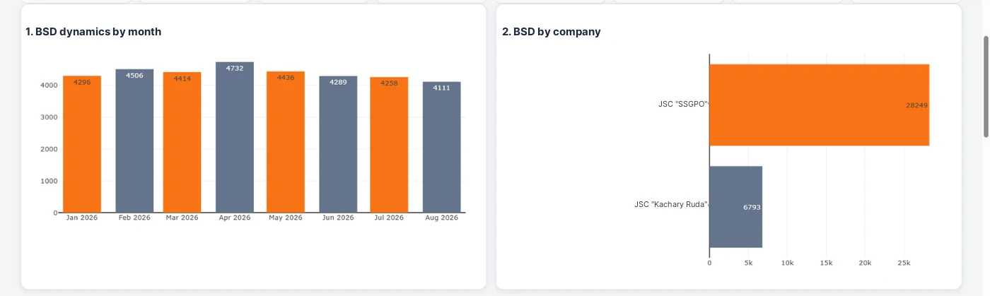 Fig. 3.2. The dashboard on the anonymized template: BSD dynamics by month and distribution by company