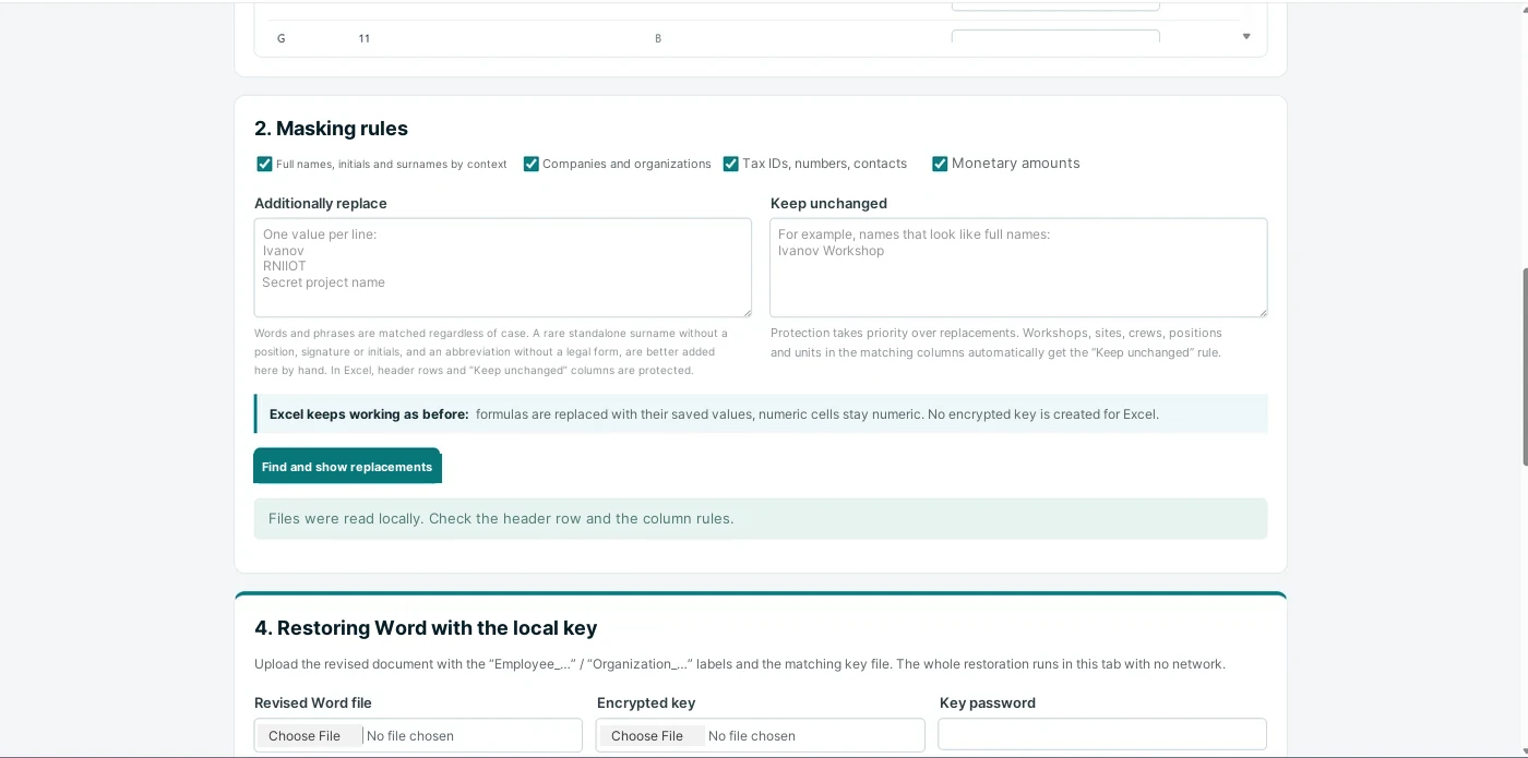 Fig. 2.2. Masking Excel: choosing the replacement rules