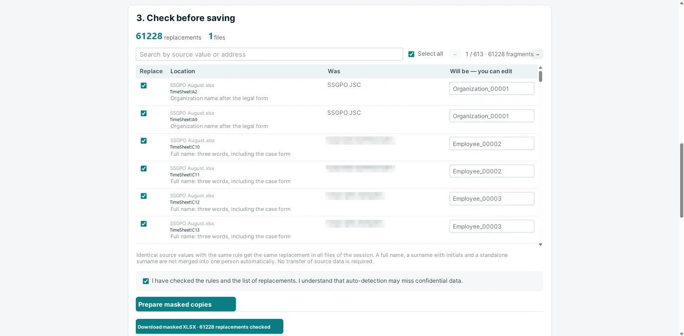 Fig. 2.3. Masking Excel: checking the replacements and downloading the copy