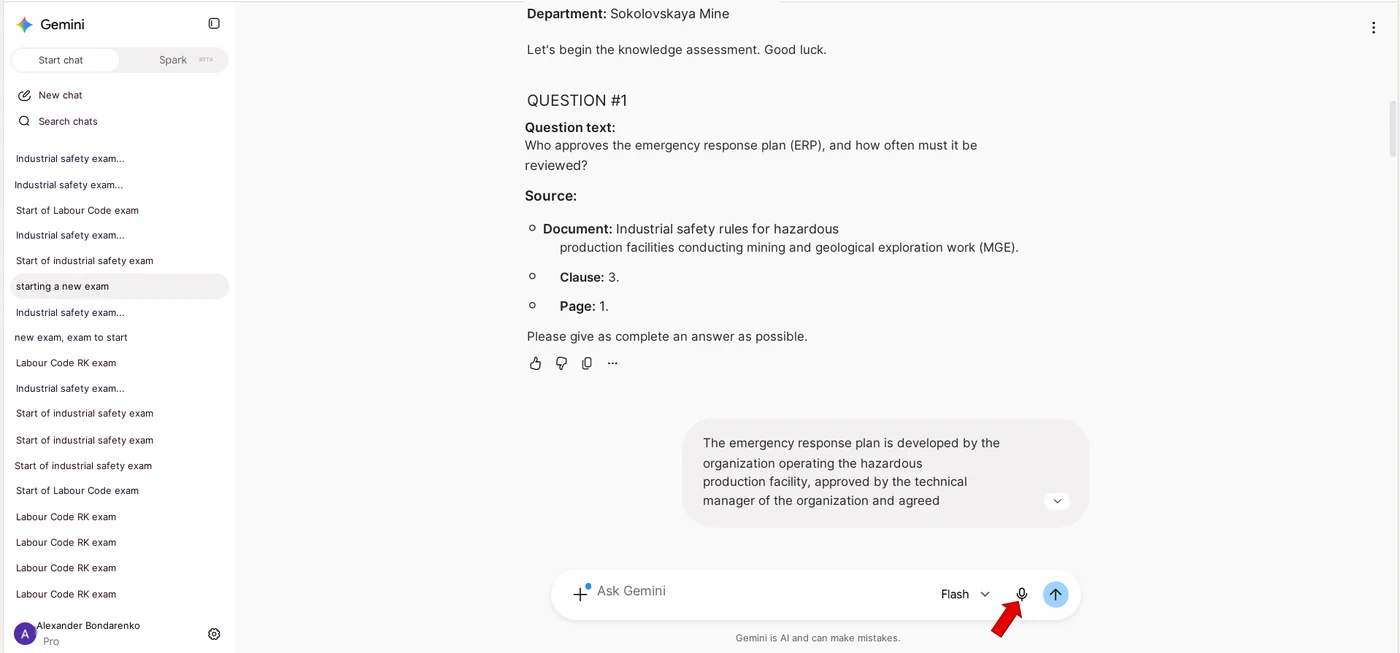 Screenshot 3.1. Gemini Bot & NotebookLM – mündlicher Prüfer (mit systemseitiger Annahme der Antwort über die „Mikrofon“-Eingabe)